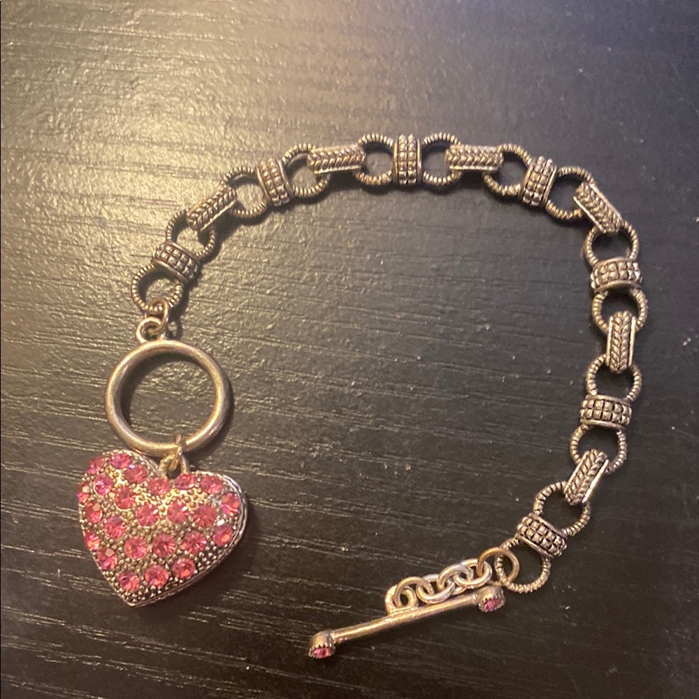 BETSY JOHNSTON SILVER Heart Charm Bracelet with Pink Accents